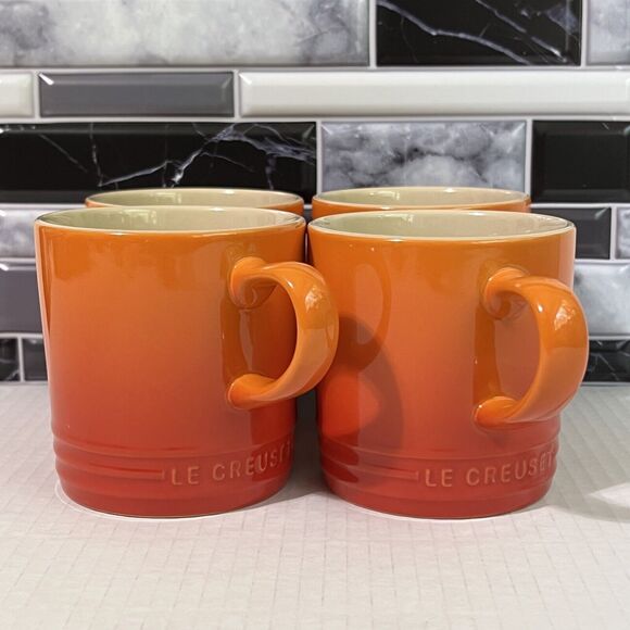 Le Creuset 12 oz Stoneware Coffee Mug Cup Set Of 4 Ribbed Ombre Flame Orange Lux - Picture 1 of 15